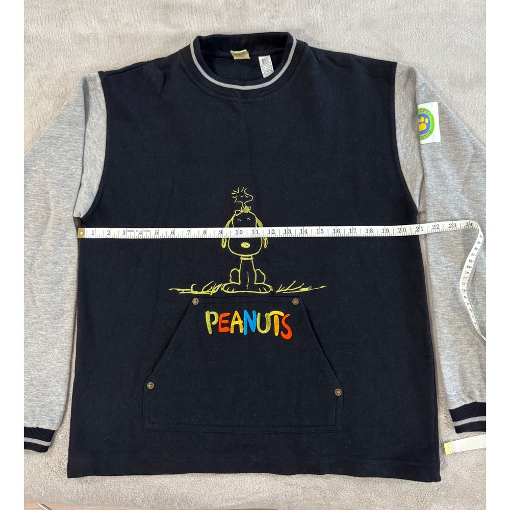 Vintage Peanuts Snoopy Sweatshirt Colorblock Embroidered Pouch Pocket Black M - Picture 3 of 7